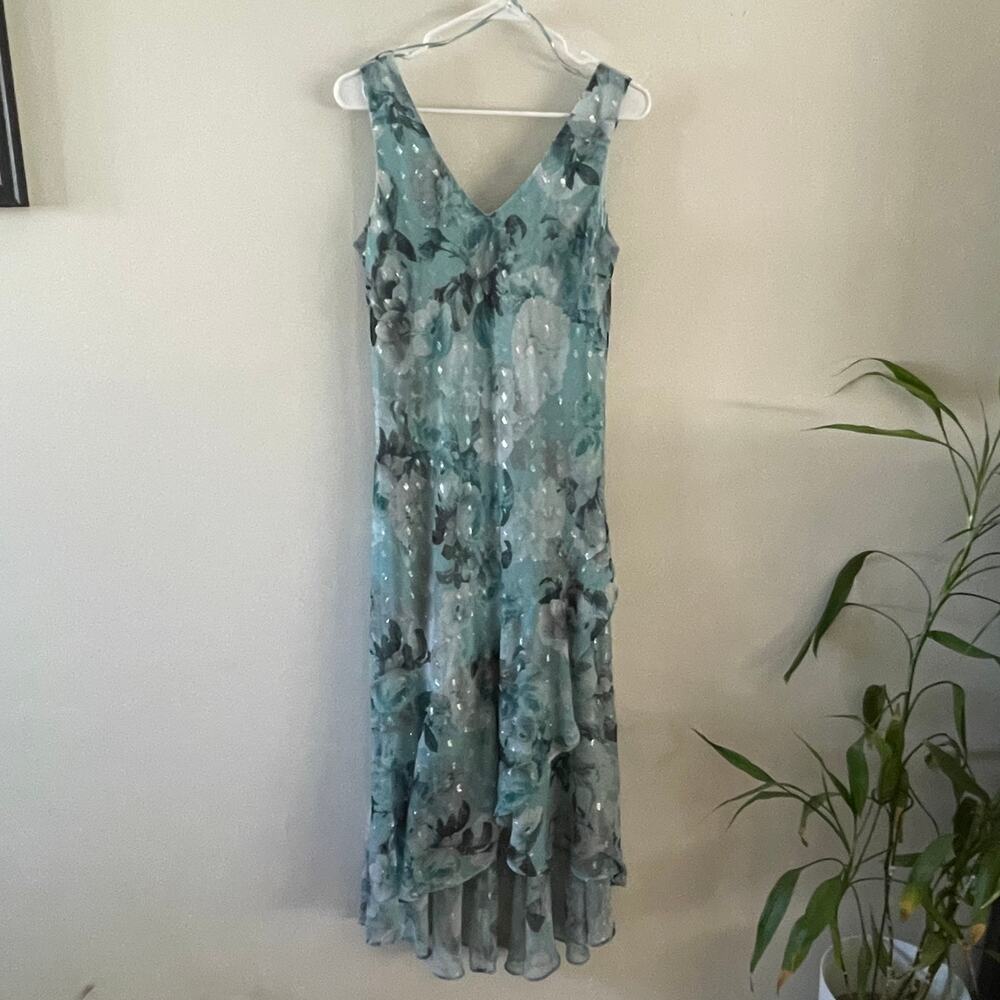 R&M Richards Teal Floral Midi Dress with Silver Accents